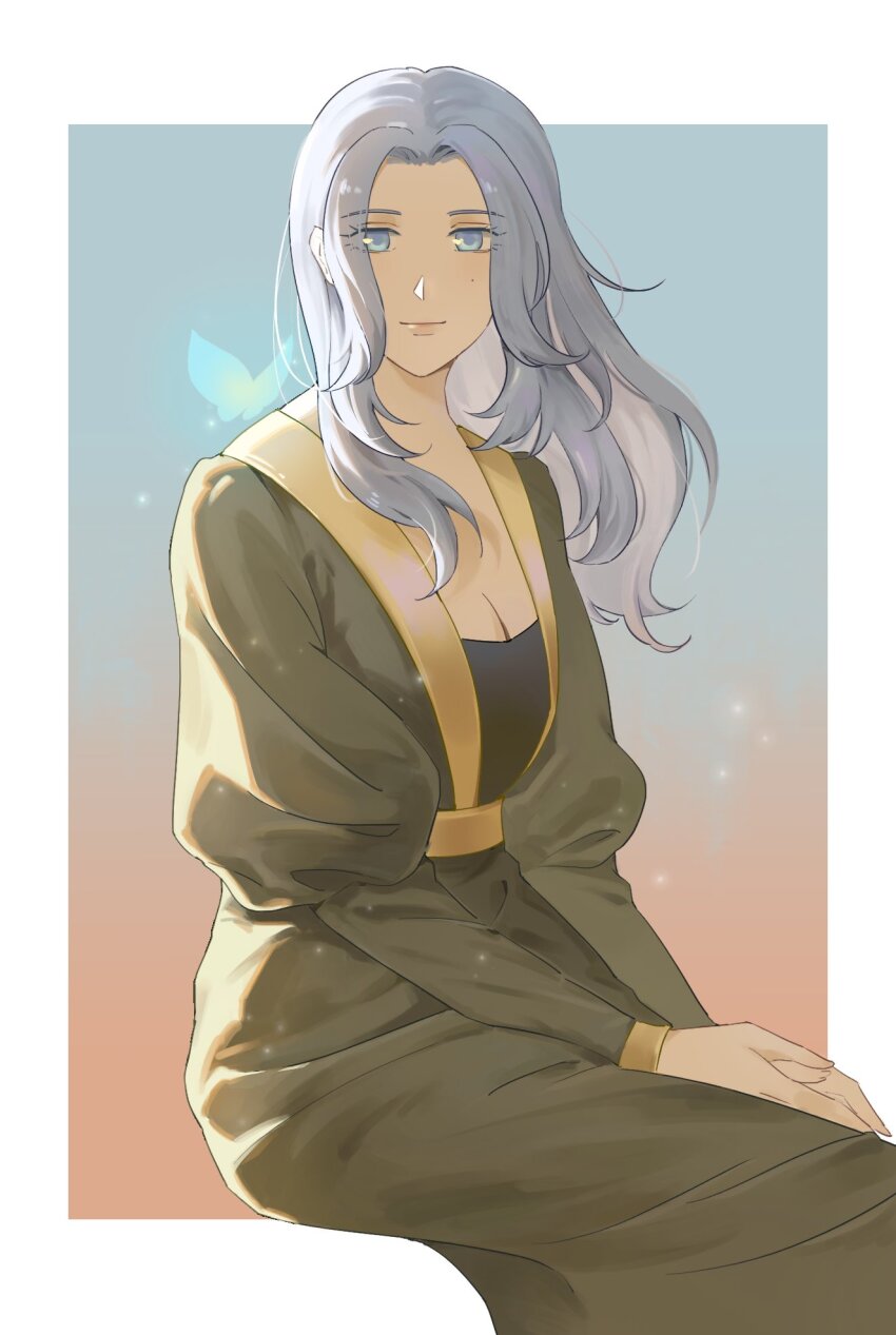 1girl, blue_eyes, blue_hair, border, breasts, bug, butterfly, cleavage