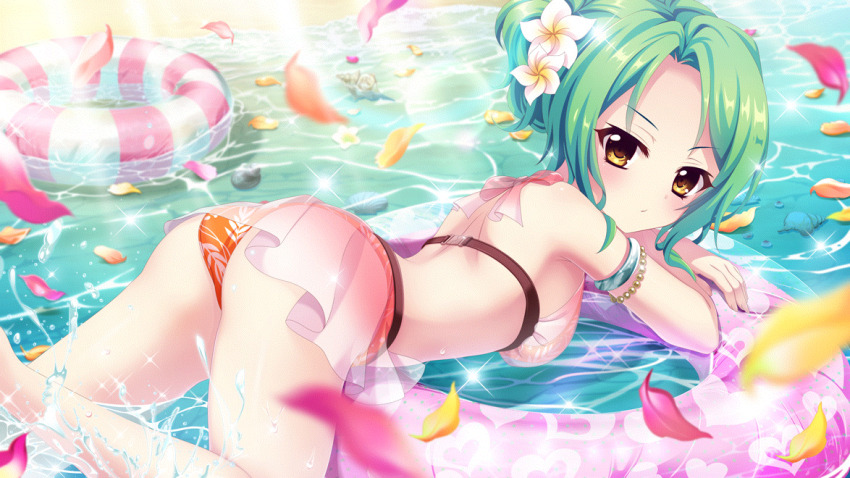 1girl, afloat, alternate_hairstyle, ass, beach, bikini, bikini_skirt, blurry, blurry_foreground, breasts, closed_mouth, day, dot_nose, falling_petals, film_grain, flower, game_cg, green_hair, hair_bun, hair_flower, hair_ornament, hair_up, heart, heart_print, innertube, izumi_tsubasu, layered_bikini, lens_flare, looking_at_viewer, lying, medium_breasts, non-web_source, ocean, official_art, on_innertube, on_stomach, orange_bikini, orange_petals, outdoors, petals, pink_petals, print_bikini, print_innertube, re:stage!, seashell, see-through_clothes, see-through_skirt, self-datamine, shell, shirokita_kuroha, short_hair, single_hair_bun, skirt, solo, sparkle, splashing, striped_innertube, sunlight, swim_ring, swimsuit, white_bikini, white_flower, yellow_eyes, yellow_petals