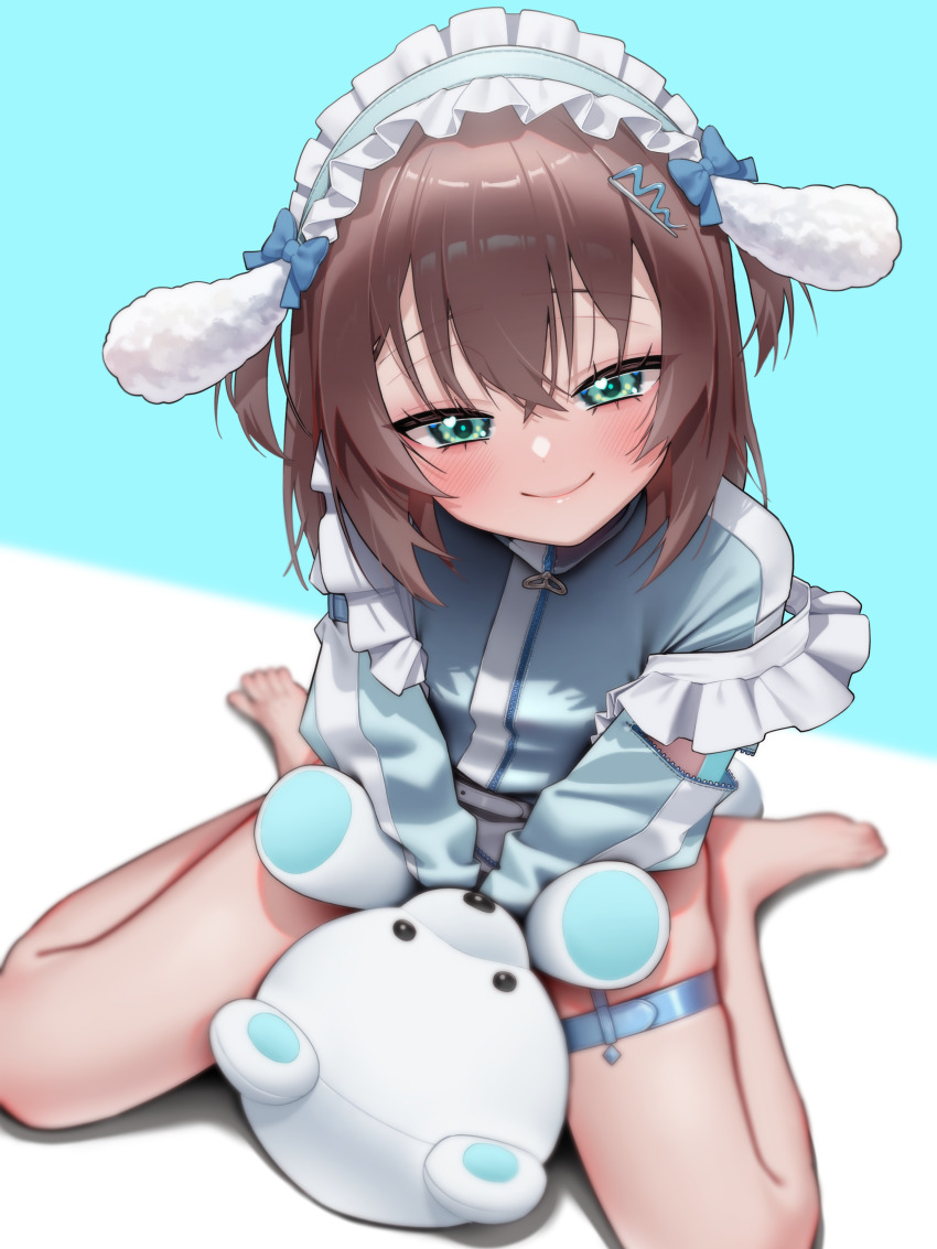 1girl, absurdres, agnamore, animal_ear_hairband, animal_ears, bare_legs, barefoot, blue_background