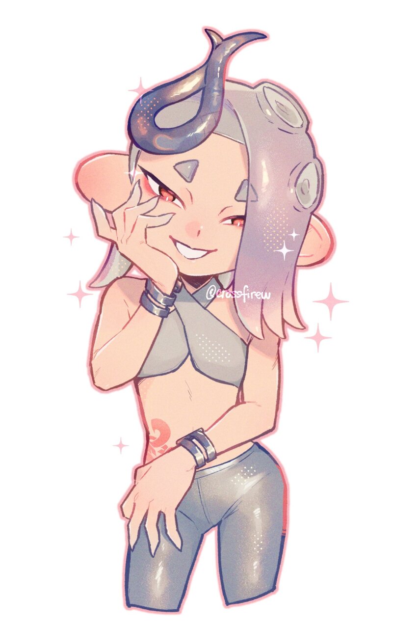 1girl, bracelet, commentary, cropped_legs, english_commentary, grey_hair, grey_pants, head_tilt