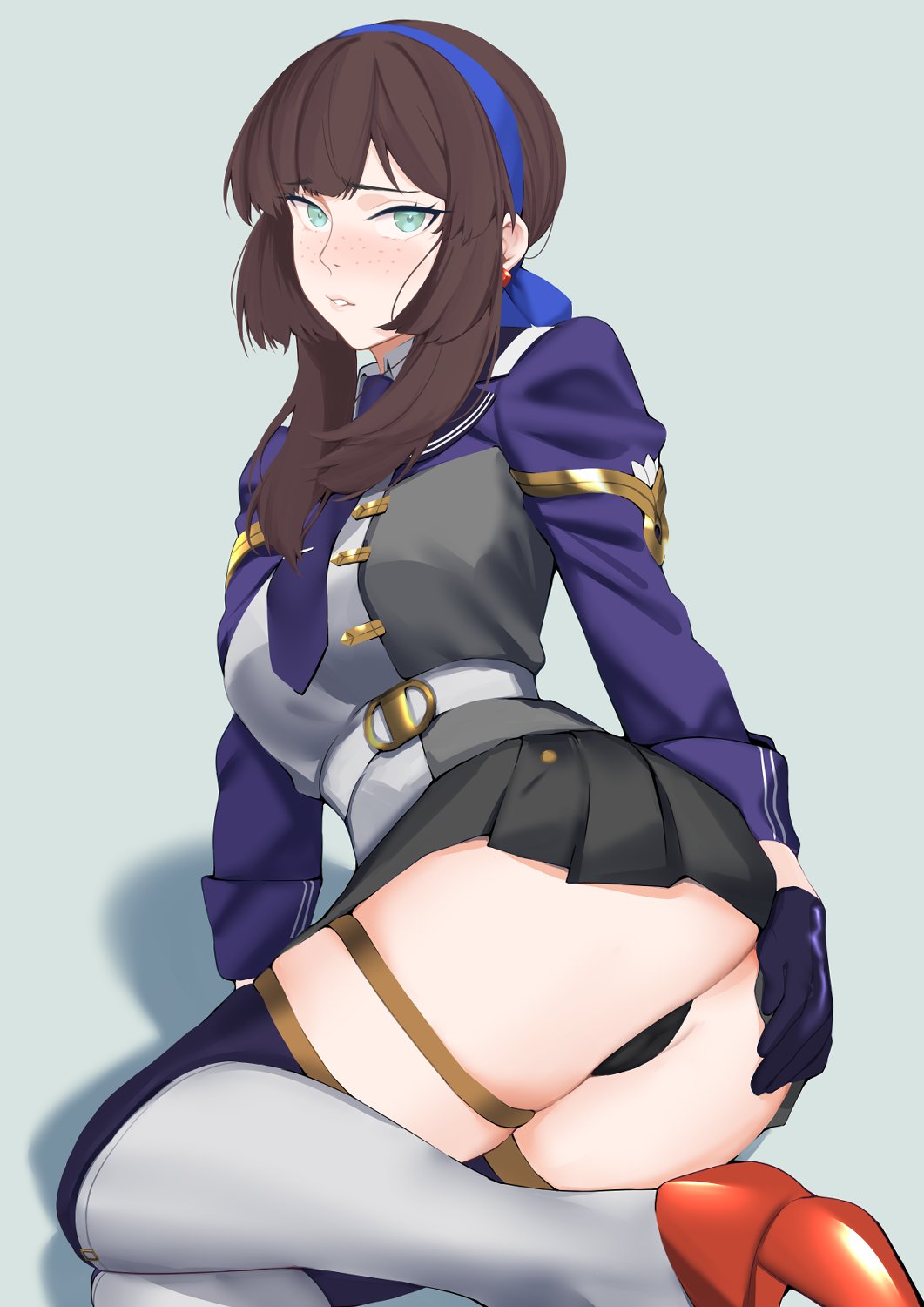 1girl, ass, black_panties, blue_background, blue_dress, blue_hairband, boots, brown_hair, dress, freckles, gloves, green_eyes, hairband, highres, jacket, kantai_collection, long_hair, looking_at_viewer, military_uniform, mogador_(kancolle), mogador_kai_(kancolle), panties, pleated_skirt, purple_jacket, ribbon, shingyou_(alexander-13), sitting, skirt, thigh_boots, thighhighs, tie_clip, two-tone_legwear, underwear, zettai_ryouiki