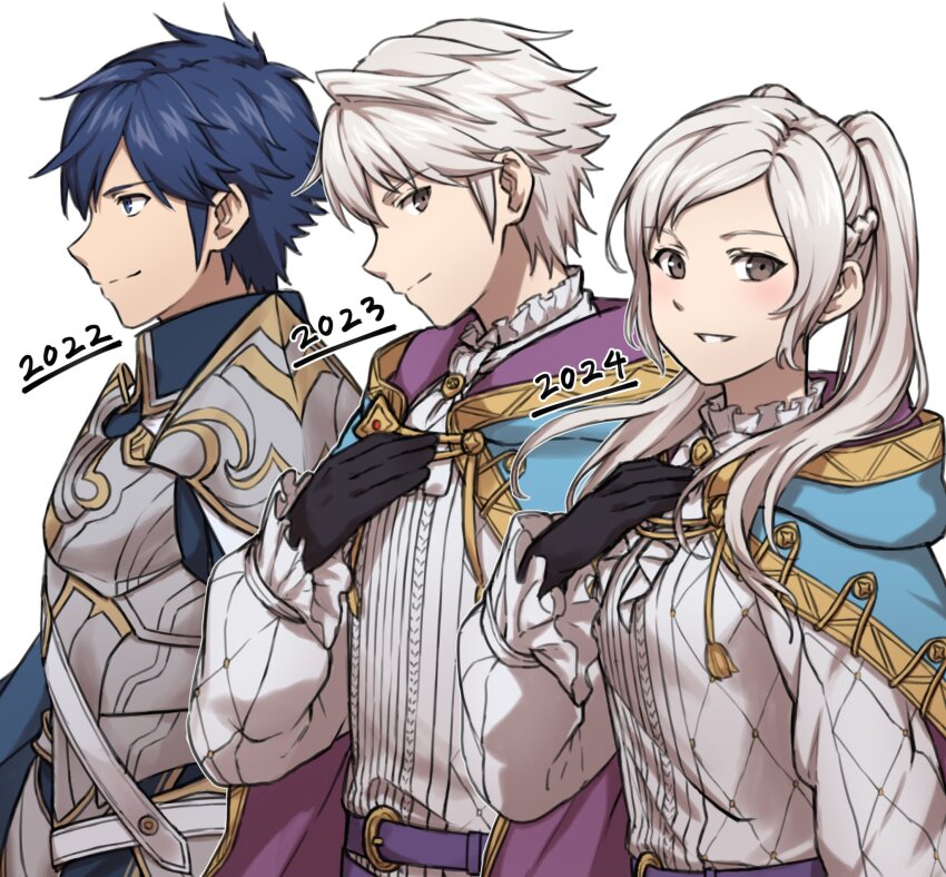 1girl, 2boys, armor, black_gloves, blue_cape, blue_eyes, blue_hair, cape