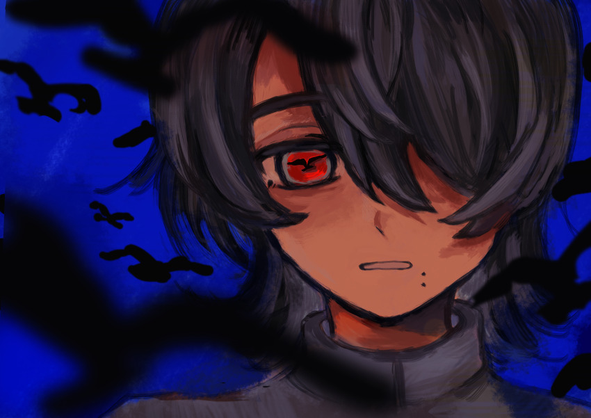 1boy, absurdres, black_hair, black_shirt, blue_background, chinese_commentary, commentary_request, echooche, flock, hair_over_one_eye, high_collar, highres, looking_at_viewer, male_focus, mole, mole_under_mouth, multiple_moles, portrait, red_eyes, shi_zhaoying, shirt, short_hair, solo, touqi_guaitan