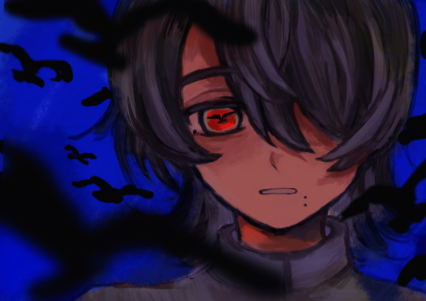 1boy, absurdres, black_hair, black_shirt, blue_background, chinese_commentary, commentary_request, echooche