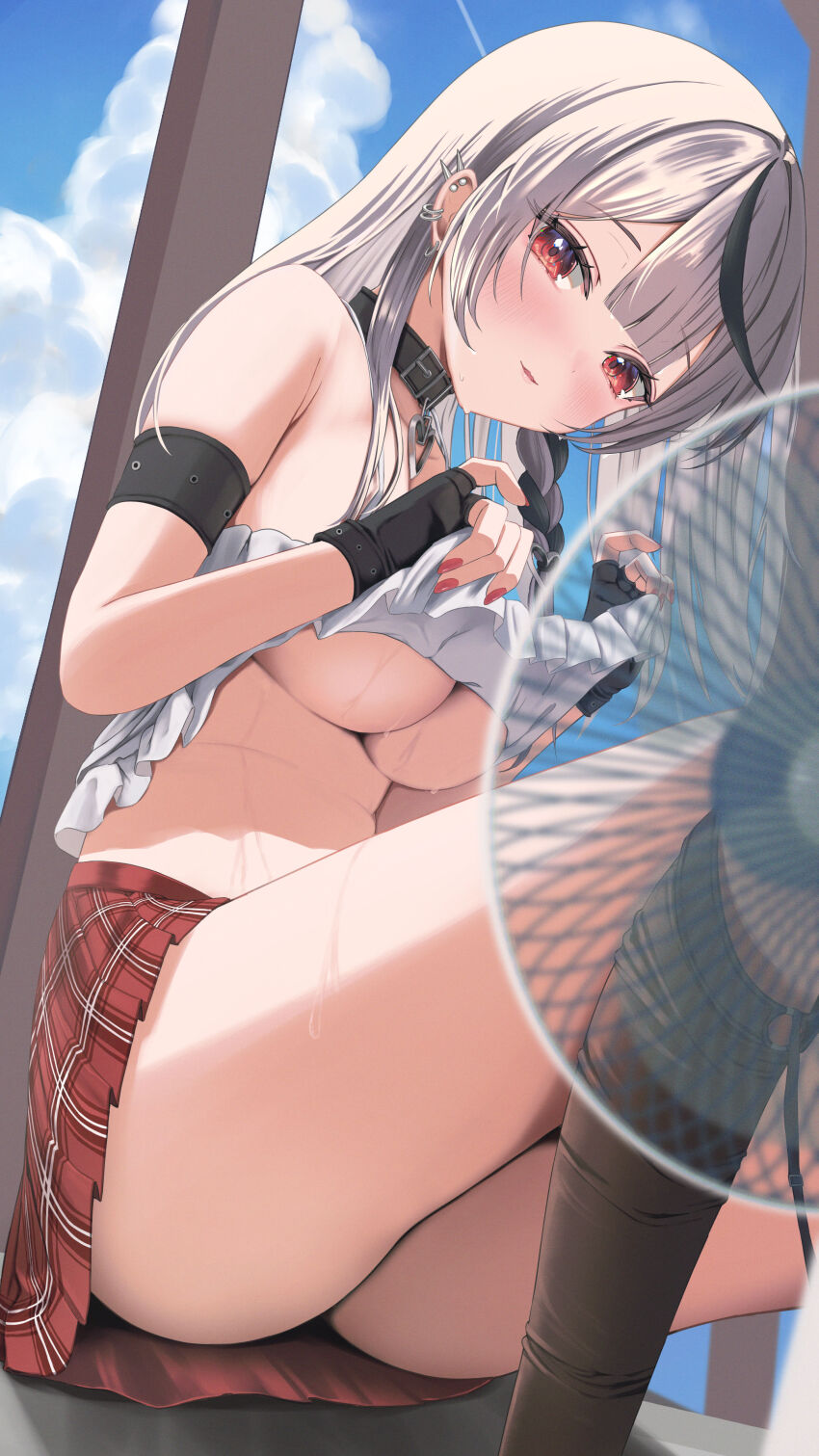 1girl, absurdres, arale_(ara1e), armband, bare_legs, bare_shoulders, black_gloves, black_hair