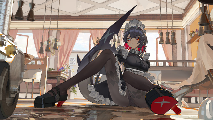 1girl, absurdres, black_hair, boy_(pixiv17542438), ceiling, ceiling_light, closed_mouth, collar, colored_inner_hair, crotch_seam, day, dress, ellen_joe, fallen_down, fingernails, fins, fish_tail, fisheye, frilled_dress, frills, frog-mouth_helm, full_body, hairband, hand_on_own_tail, high_heels, highres, indoors, leaning_back, looking_at_viewer, maid, maid_headdress, metal_collar, metal_hairband, multicolored_hair, nail_polish, on_floor, panties, panties_under_pantyhose, pantyhose, parted_bangs, red_eyes, red_hair, red_nails, scar, scar_on_tail, shark_tail, shoes, sitting, solo, spiked_headband, spikes, tail, twisted_torso, two-tone_hair, underwear, wet_floor, zenless_zone_zero