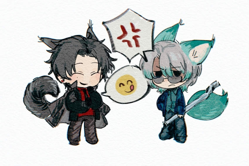 2boys, anger_vein, animal_ears, aqua_hair, aqua_shirt, black_eyes, black_hair, black_jacket