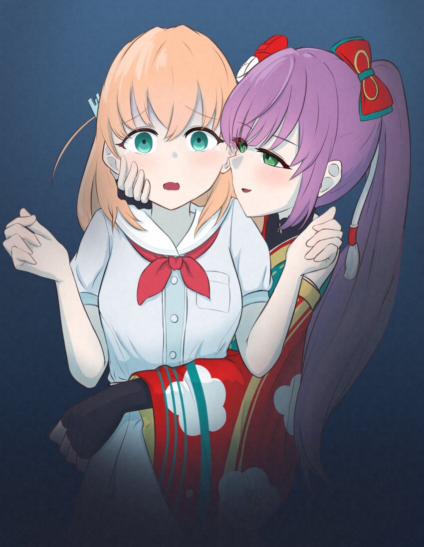 2girls, aqua_eyes, black_gloves, blue_background, blue_dress, bow, breast_pocket, check_commentary