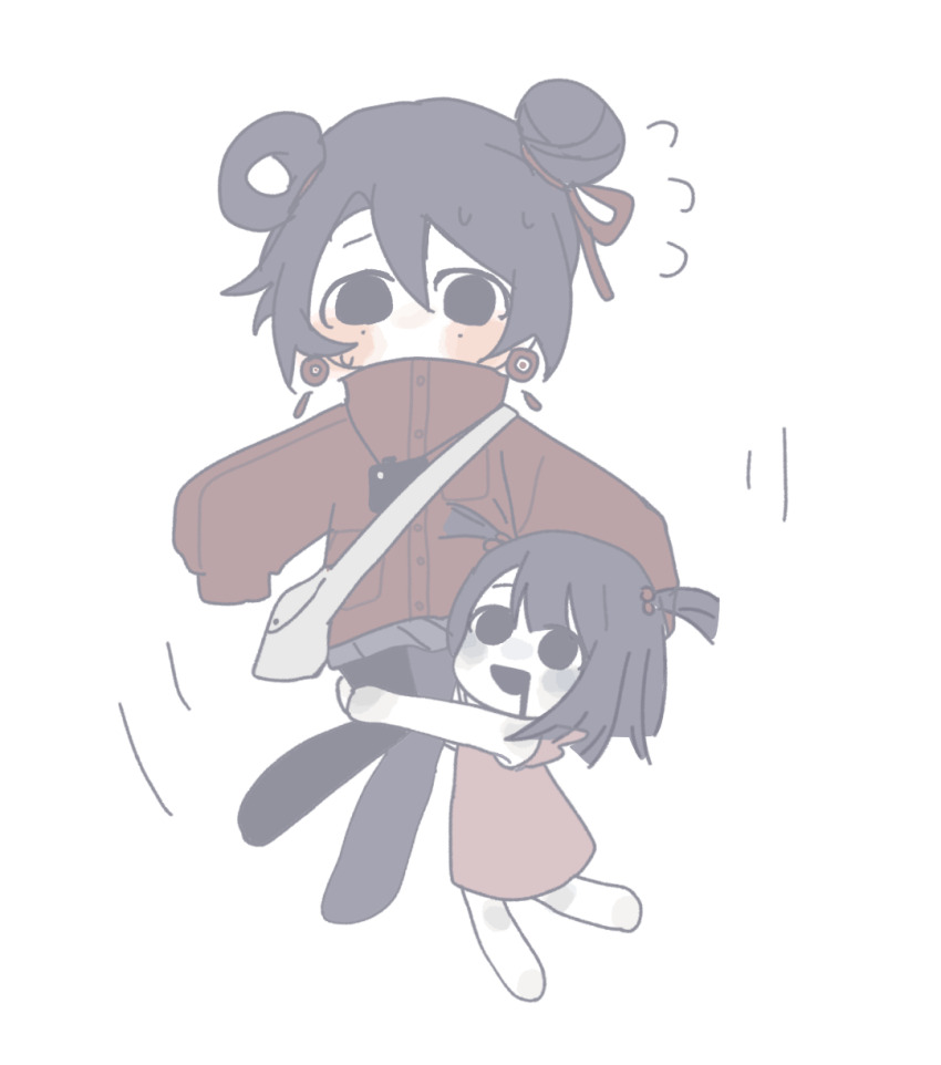 2boys, amber-breathe, bag, black_eyes, black_hair, black_pantyhose, black_skirt, camera