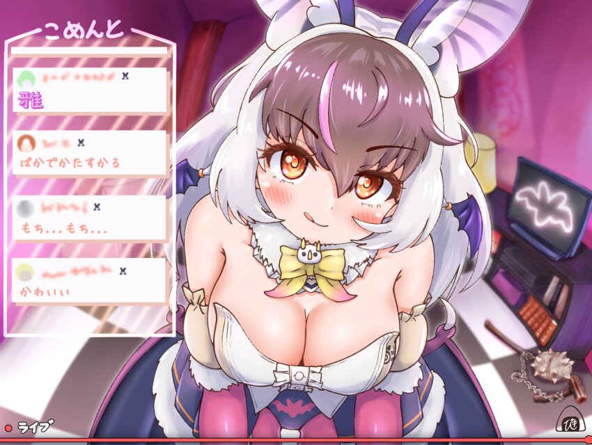 1girl, animal_ears, bare_shoulders, bat_ears, bat_girl, bat_wings, blush, breasts