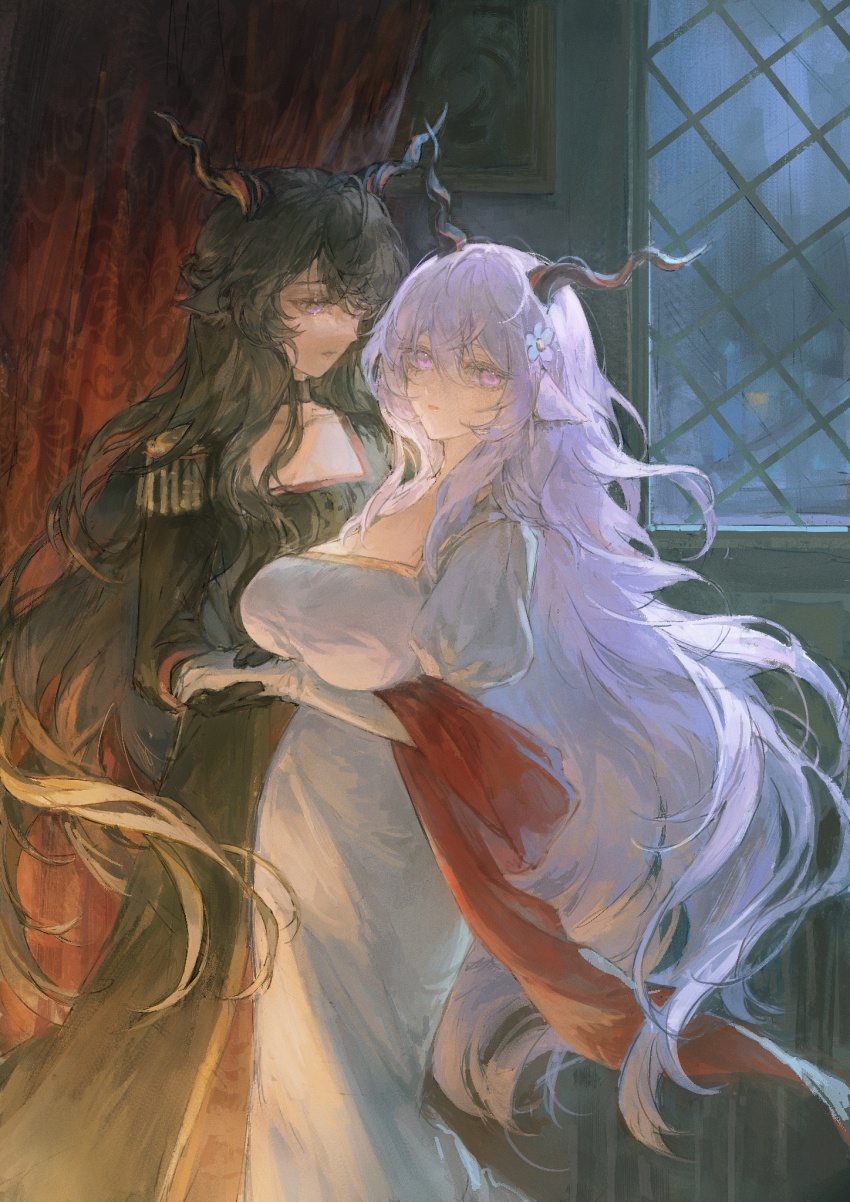 2girls, animal_ears, arknights, black_dress, black_gloves, black_hair, blue_flower, breasts, cleavage, commentary, curtains, dress, ebenholz_(arknights), feet_out_of_frame, flower, fuyuyu-pon, genderswap, genderswap_(mtf), gloves, goat_ears, goat_girl, goat_horns, hair_flower, hair_ornament, half-closed_eyes, highres, holding_hands, horns, indoors, kreide_(arknights), large_breasts, long_hair, looking_at_another, looking_at_viewer, multiple_girls, painterly, purple_eyes, untranslatable_commentary, very_long_hair, white_dress, white_gloves, white_hair, window, yuri