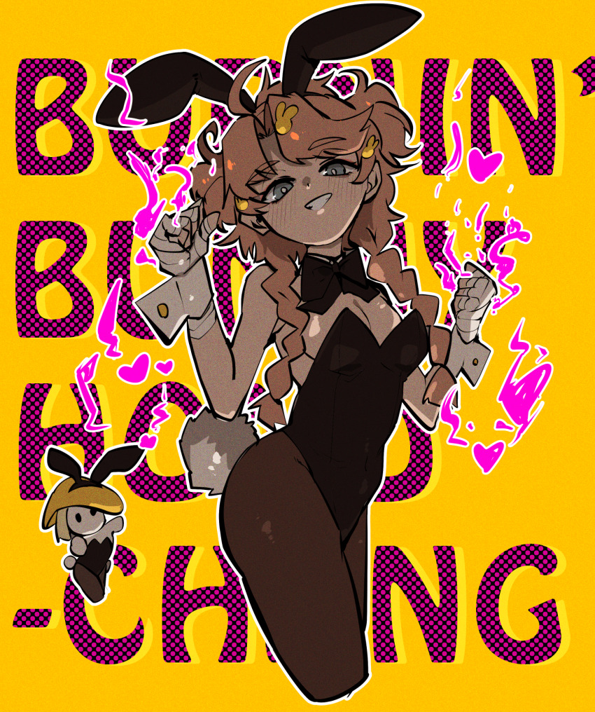 1girl, animal_ears, bandaged_hand, bandages, bare_shoulders, black_bow, black_bowtie, black_leotard