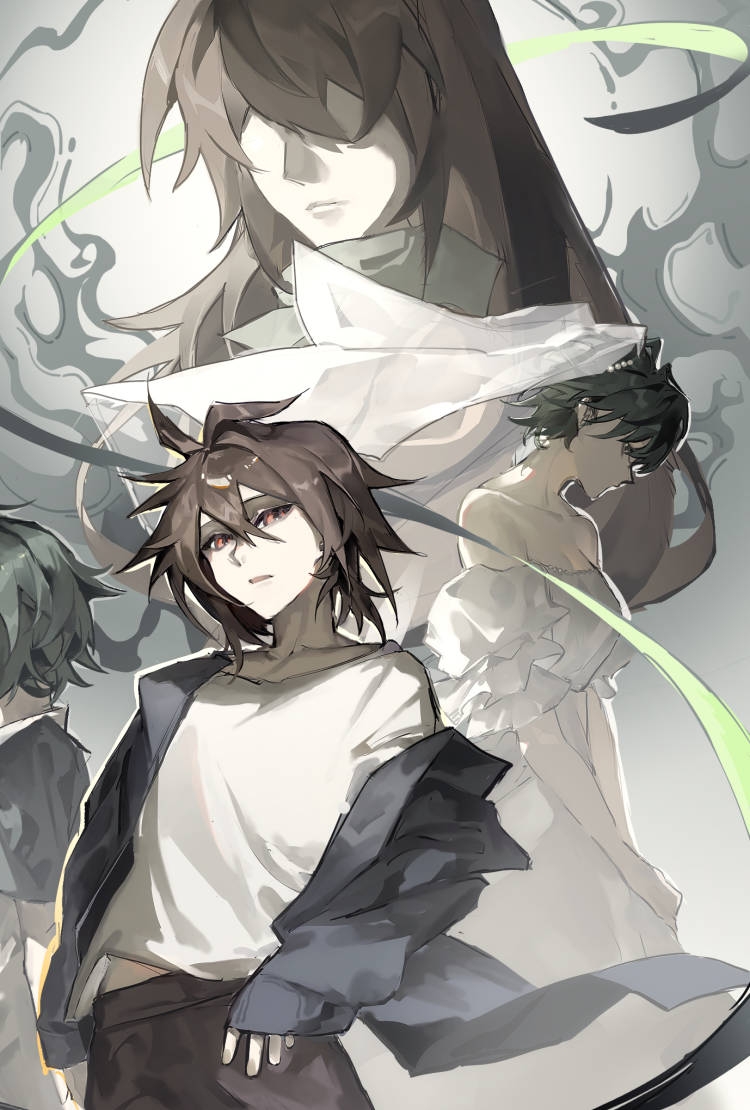 1girl, 2boys, aged_up, black_jacket, black_pants, breasts, bridal_veil, bride