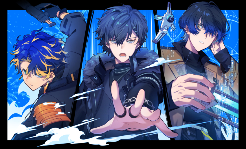 3boys, aogiri_eito, astel_leda, black_border, black_gloves, black_hair, black_jacket, blonde_hair