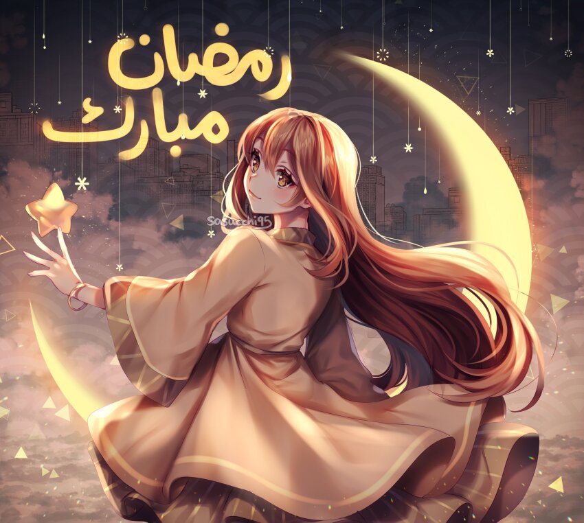 1girl, arabic_text, arm_at_side, artist_name, blush, bracelet, brown_dress, brown_eyes