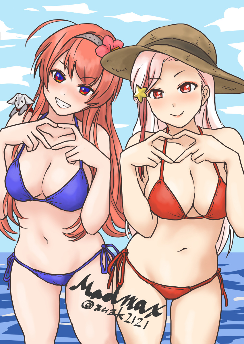 four-finger_heart_hands, absurdres, ahoge, animal, animal_on_shoulder, artist_name, bikini, blonde_hair