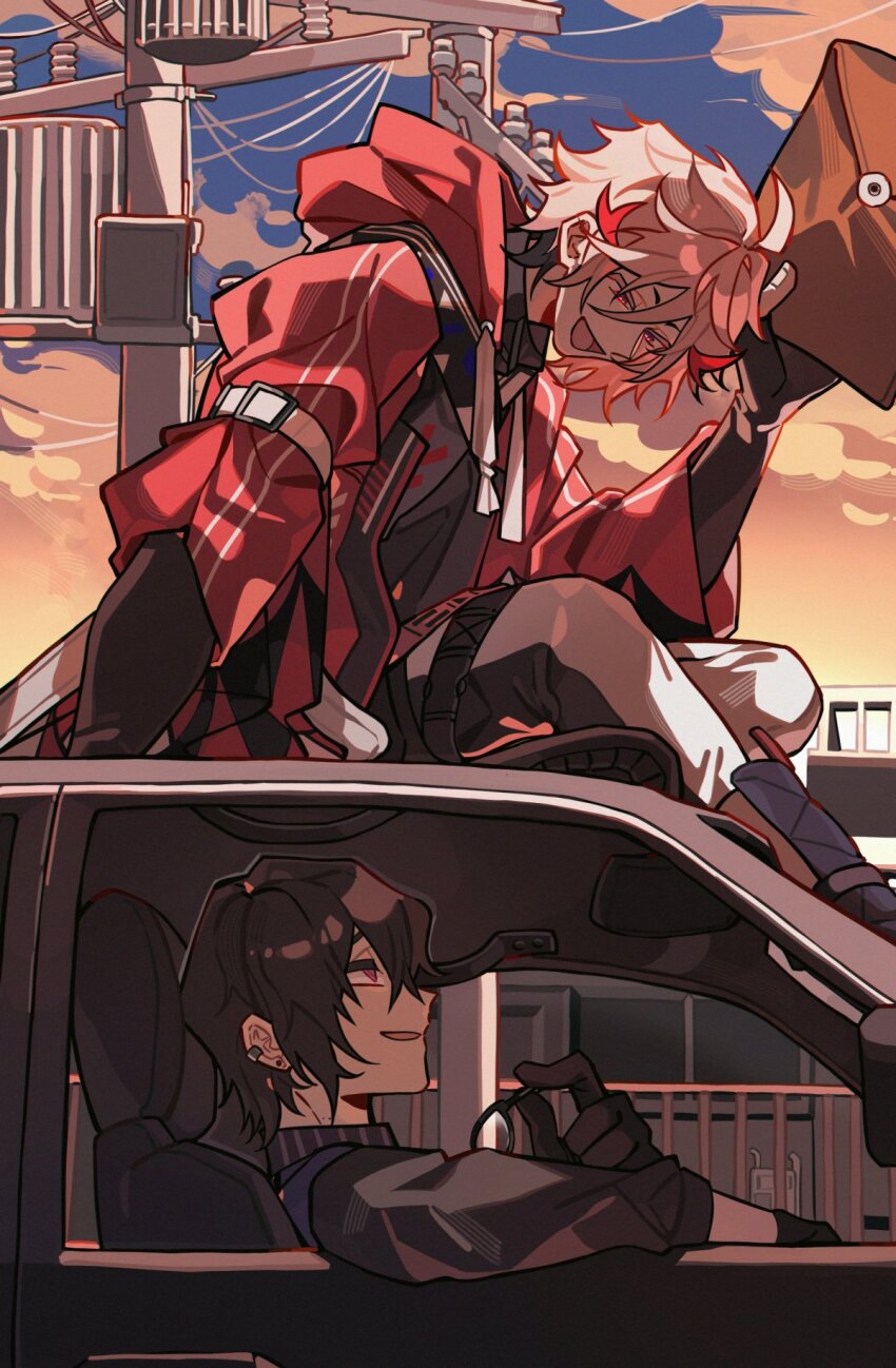 2boys, arm_strap, black_gloves, black_hair, black_shirt, car, cloud, cloudy_sky