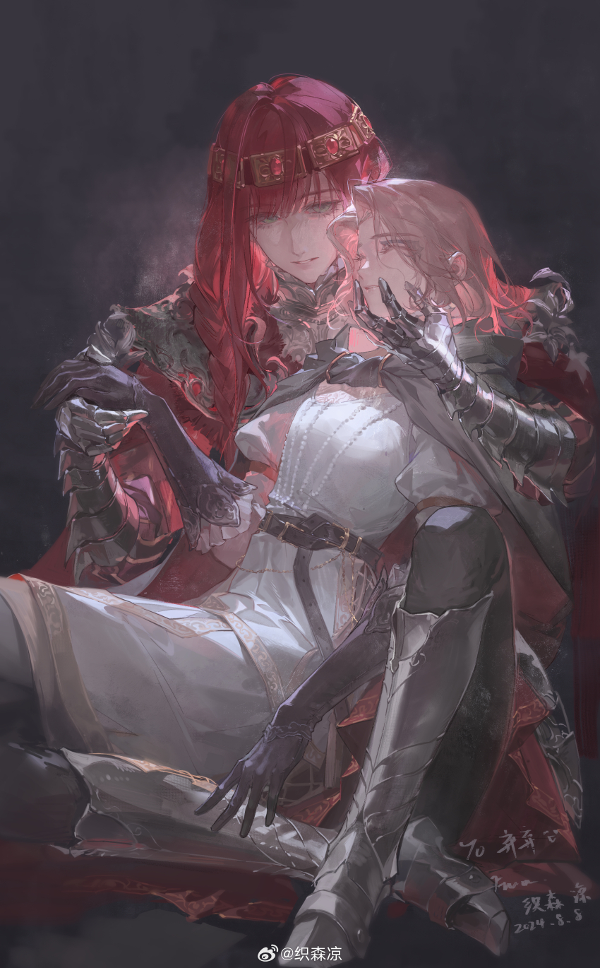 2girls, absurdres, armored_boots, artist_name, black_gloves, boots, borrowed_character, braid, chinese_commentary, closed_eyes, commentary_request, curtained_hair, dark_background, dated, dress, elden_ring, facing_viewer, frilled_gloves, frills, gauntlets, gift_art, gloves, green_eyes, hair_over_shoulder, hand_on_another's_face, highres, light_brown_hair, long_hair, looking_at_viewer, low-tied_long_hair, melina_(elden_ring), multiple_girls, oc_x_canon, parted_lips, pink_lips, puffy_short_sleeves, puffy_sleeves, red-haired_tarnished_(qiqiqiqi), red_hair, short_hair, short_sleeves, single_braid, tarnished_(elden_ring), watermark, weibo_watermark, white_dress, yuri, zhi_senliang