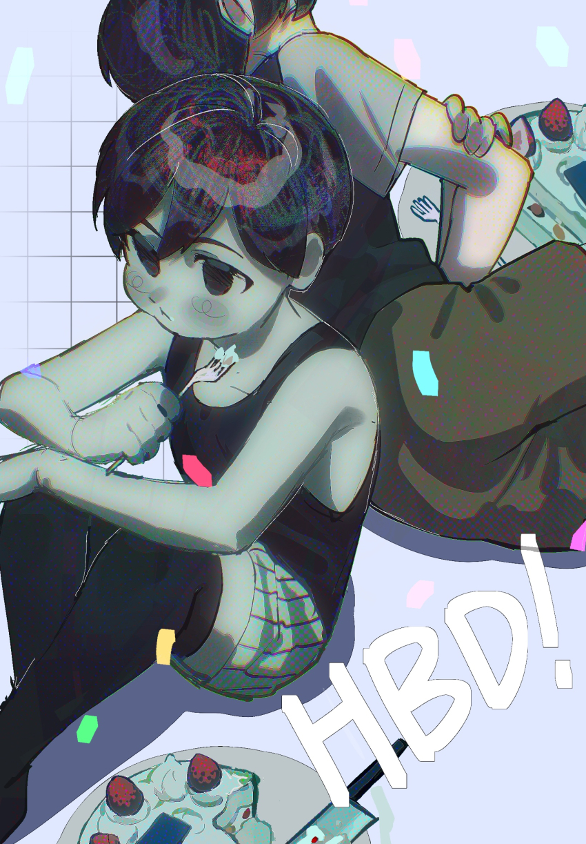 2boys, antenna_hair, arm_rest, back-to-back, bare_arms, bare_shoulders, birthday_cake, black_eyes