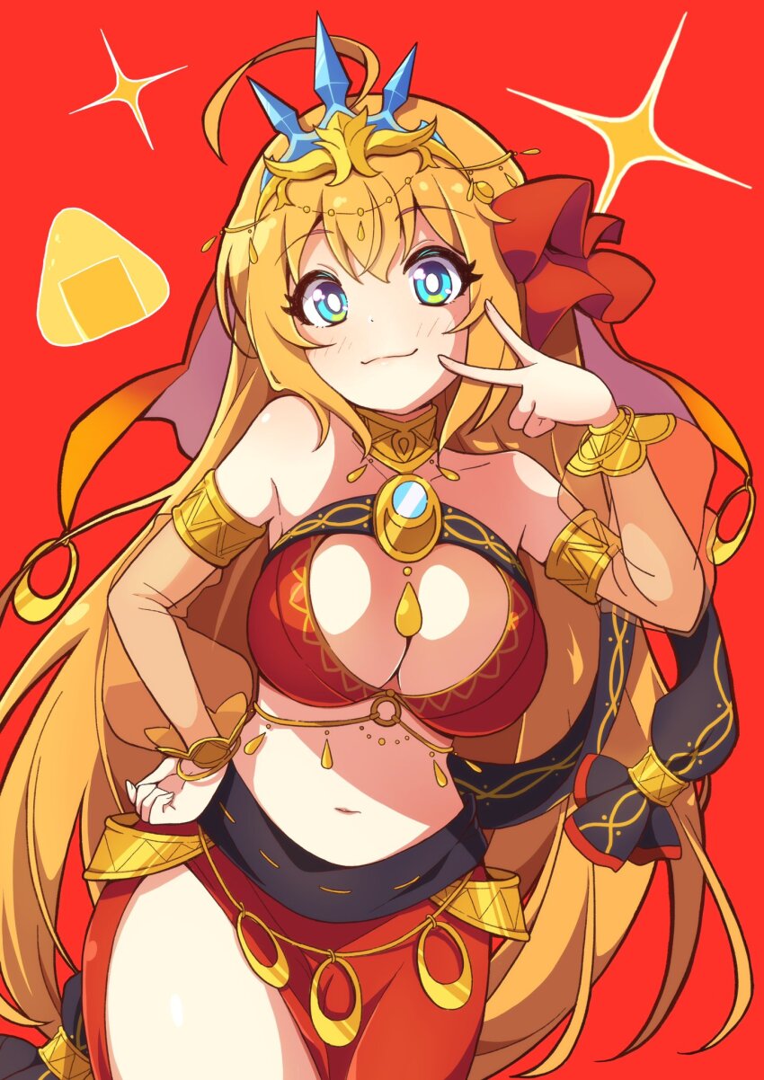 1girl, bare_shoulders, belly_chain, breasts, cosplay, dancer, detached_sleeves, ebian_(ebiangames), hair_ornament, hair_ribbon, highres, jewelry, large_breasts, long_hair, multicolored_eyes, navel, neck_ring, official_alternate_costume, orange_hair, pecorine_(princess_connect!), princess_connect!, red_background, red_ribbon, red_sarong, ribbon, saren_(princess_connect!), saren_(princess_connect!)_(cosplay), saren_(sarasaria)_(princess_connect!), sarong, solo, tiara, v, very_long_hair