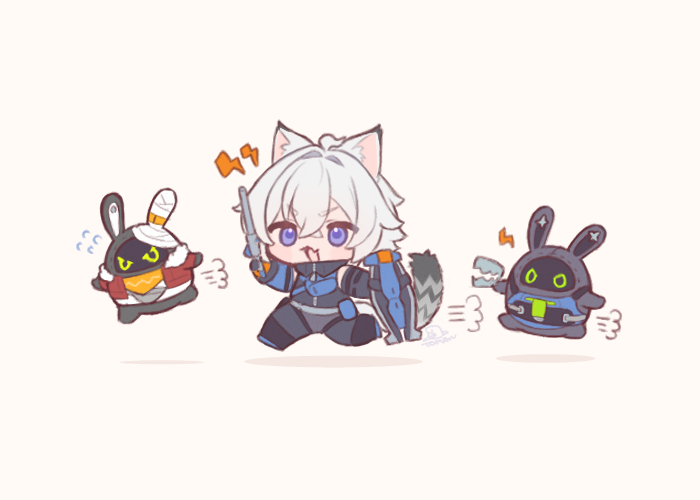 1boy, 7mb_yut, animal_ears, baddieboo_(zenless_zone_zero), bandaged_arm, bandages, bangboo_(zenless_zone_zero), cat_boy, cat_ears, cat_tail, chibi, commentary_request, crossed_bangs, flying_sweatdrops, hair_between_eyes, holding, holding_shield, holding_weapon, male_focus, open_mouth, puff_of_air, securityboo_(zenless_zone_zero), seth_lowell, shield, simple_background, tail, weapon, zenless_zone_zero