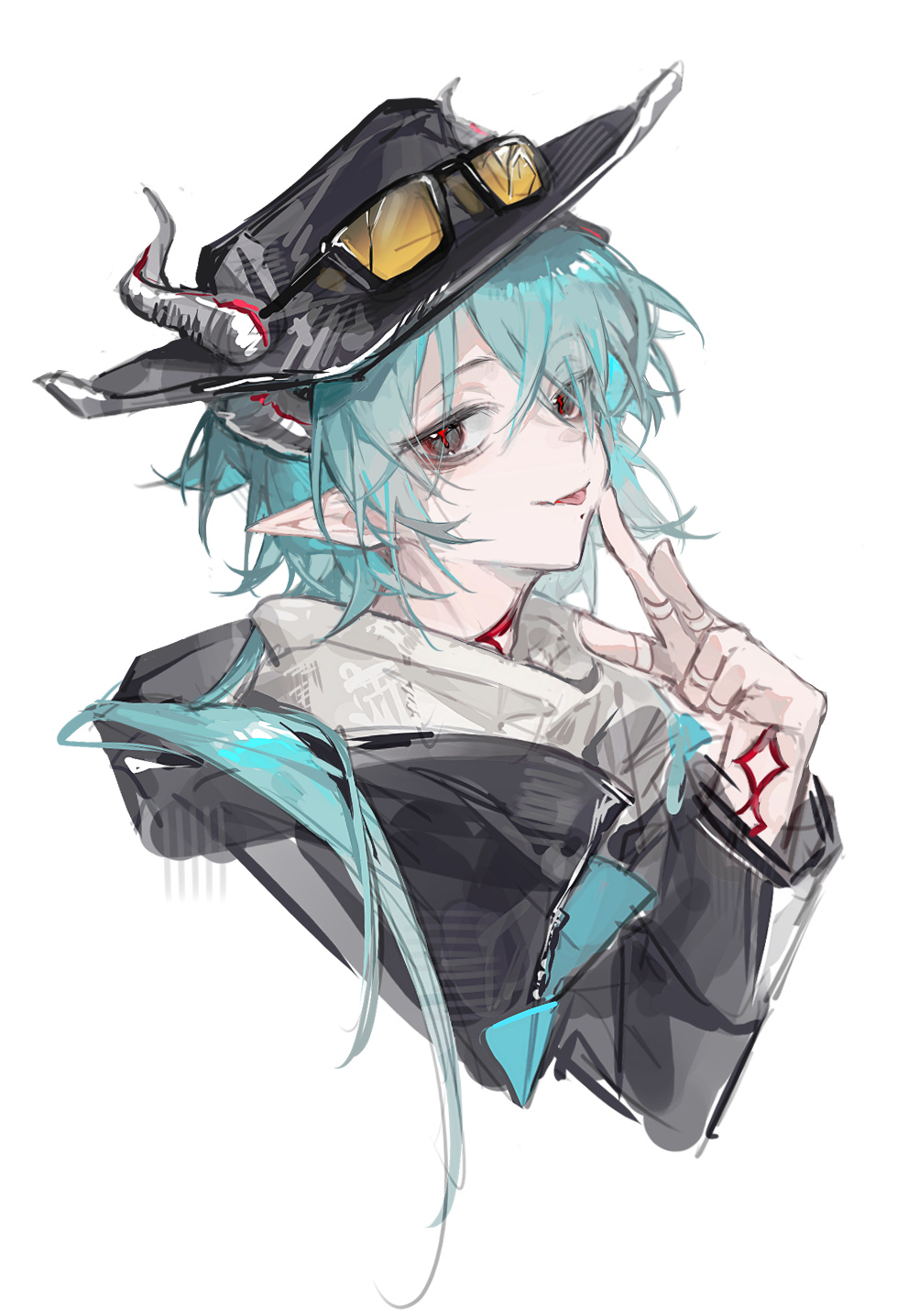 1boy, :p, aqua_hair, arknights, black-framed_eyewear, black_hat, chinese_commentary, commentary_request