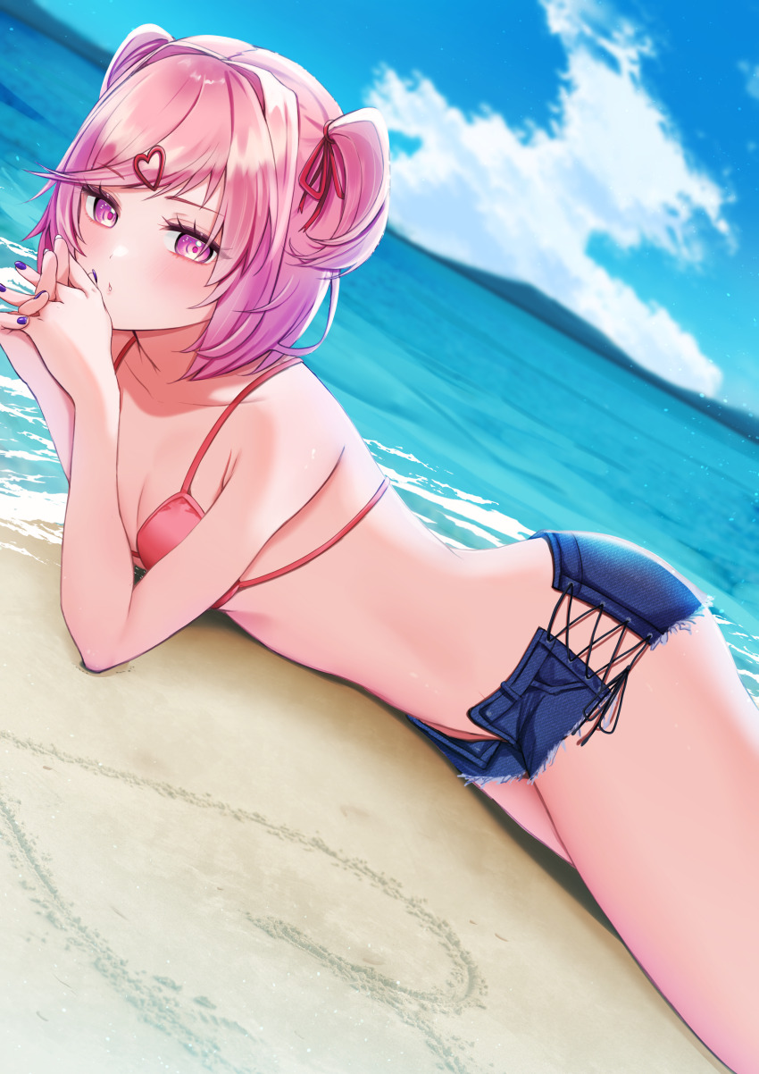1girl, absurdres, artist_name, bare_shoulders, beach, bikini, bikini_top_only, blue_shorts