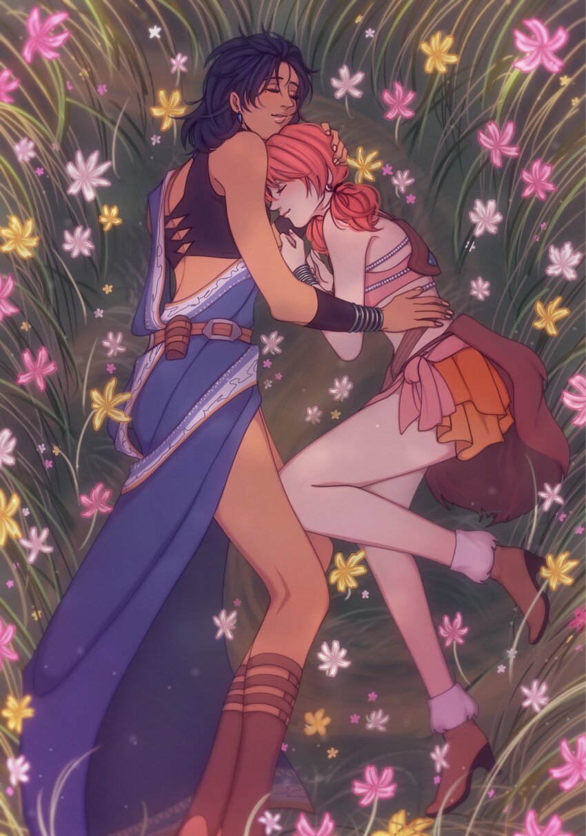 2girls, asian_indian_clothes, black_hair, closed_eyes, commentary, couple, dark-skinned_female, dark_skin, english_commentary, final_fantasy, final_fantasy_xiii, flower, grass, hand_on_another's_head, highres, hug, indian_clothes, jewelry, long_hair, lying, multiakimo, multiple_girls, oerba_dia_vanille, oerba_yun_fang, on_ground, on_side, orange_hair, outdoors, pink_hair, sari, short_twintails, smile, twintails, yuri