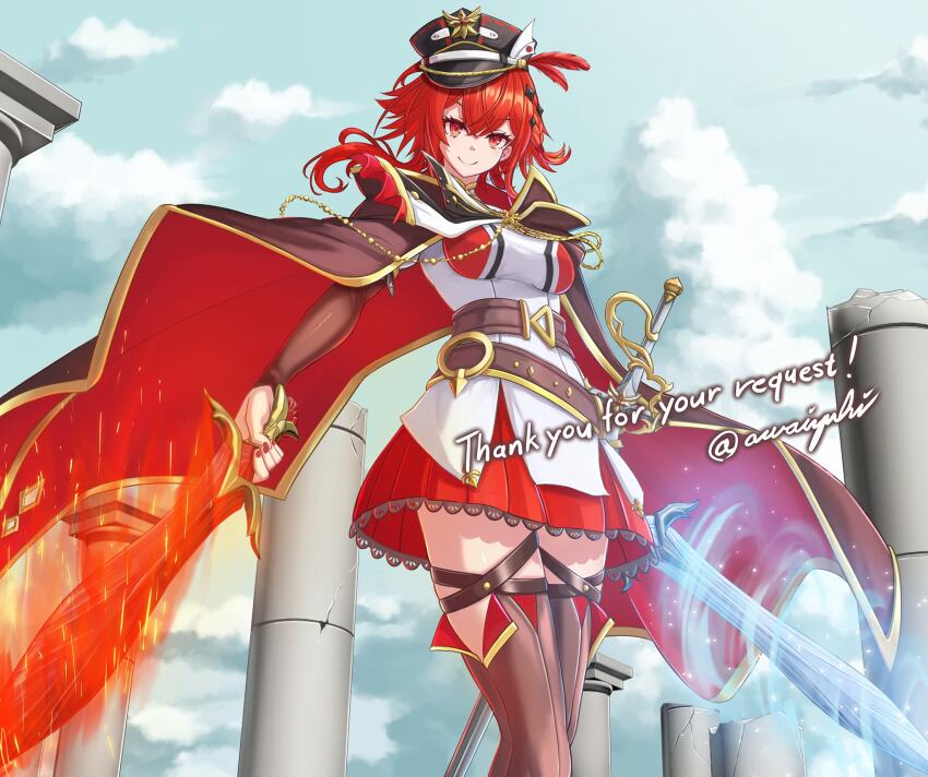 awaiyuhi, belt, black_thighhighs, brown_belt, brown_cape, cape, commission, dual_wielding