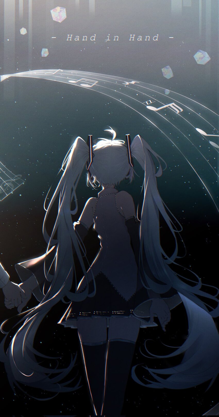 1girl, 1other, absurdly_long_hair, ahoge, beamed_eighth_notes, black_skirt, blue_hair, collared_shirt