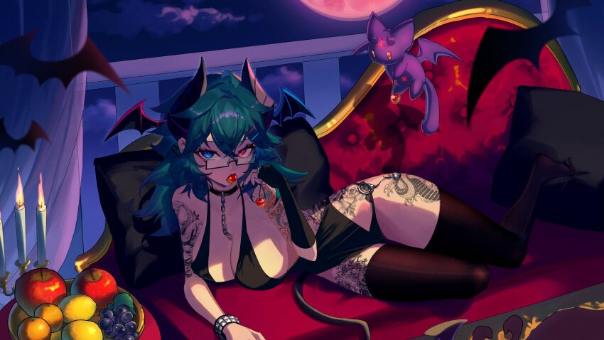 1girl, 55mo3, absurdres, ahoge, apple, arm_tattoo, aruna_reaver, bat_(animal)