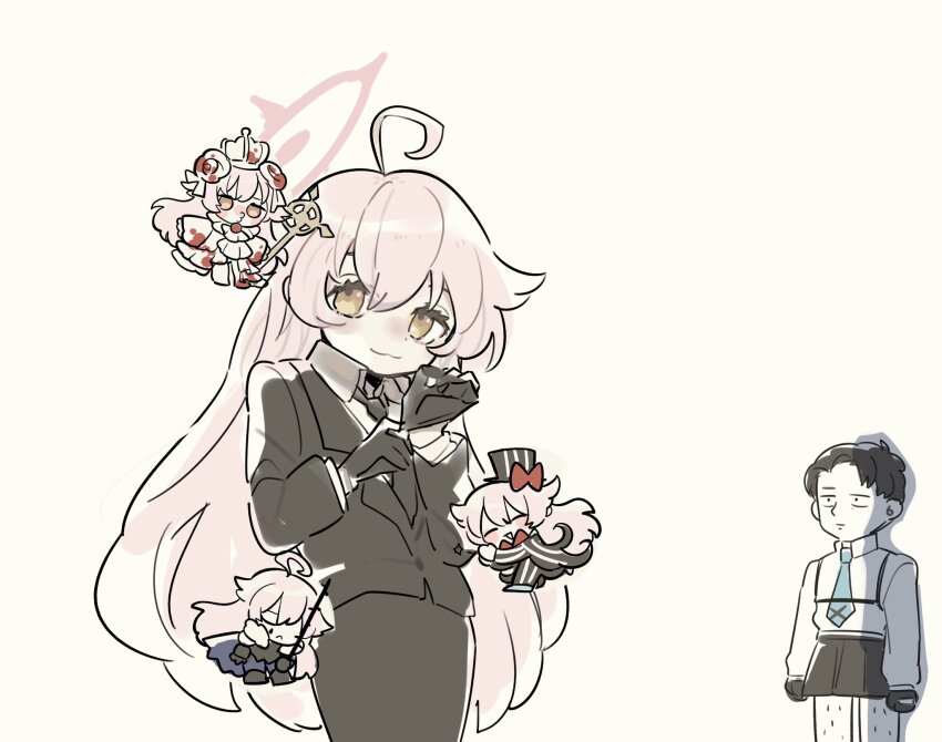 1boy, 1girl, :3, adjusting_clothes, adjusting_gloves, ahoge, black_gloves, black_jacket