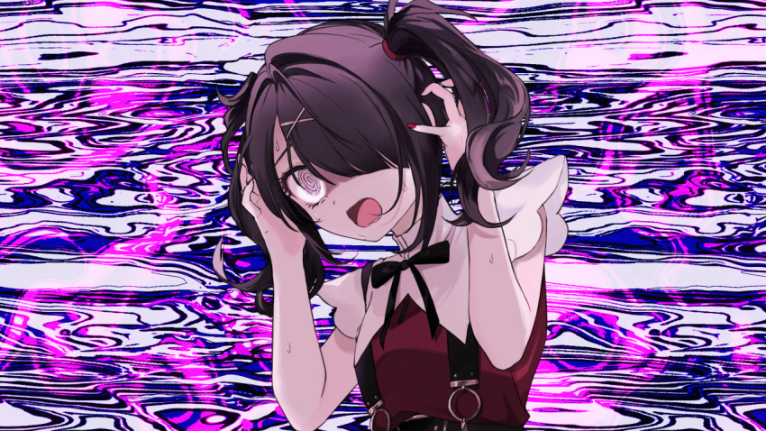 1girl, @_@, ame-chan_(needy_girl_overdose), ame-chan_waku-waku_date_game, black_hair, black_ribbon, collared_shirt, constricted_pupils, distortion, frown, game_cg, grey_eyes, hair_ornament, hair_over_one_eye, hands_up, holding_detached_head, long_hair, maruino, nail_polish, neck_ribbon, needy_girl_overdose, nervous, non-web_source, official_art, open_mouth, red_nails, red_shirt, ribbon, self-datamine, shaded_face, shirt, solo, suspenders, sweatdrop, twintails, upper_body, wide-eyed, x_hair_ornament