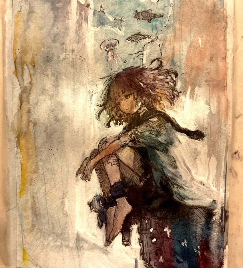 1girl, barefoot, brown_hair, closed_mouth, cuffs, expressionless, fish, full_body, highres, jellyfish, kokko_1969, medium_hair, original, painting_(medium), shackles, sitting, solo, traditional_media, watercolor_(medium)