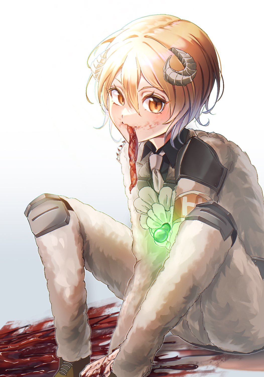 1girl, armband, armor, blonde_hair, blood, blood_on_face, blood_on_hands, boots