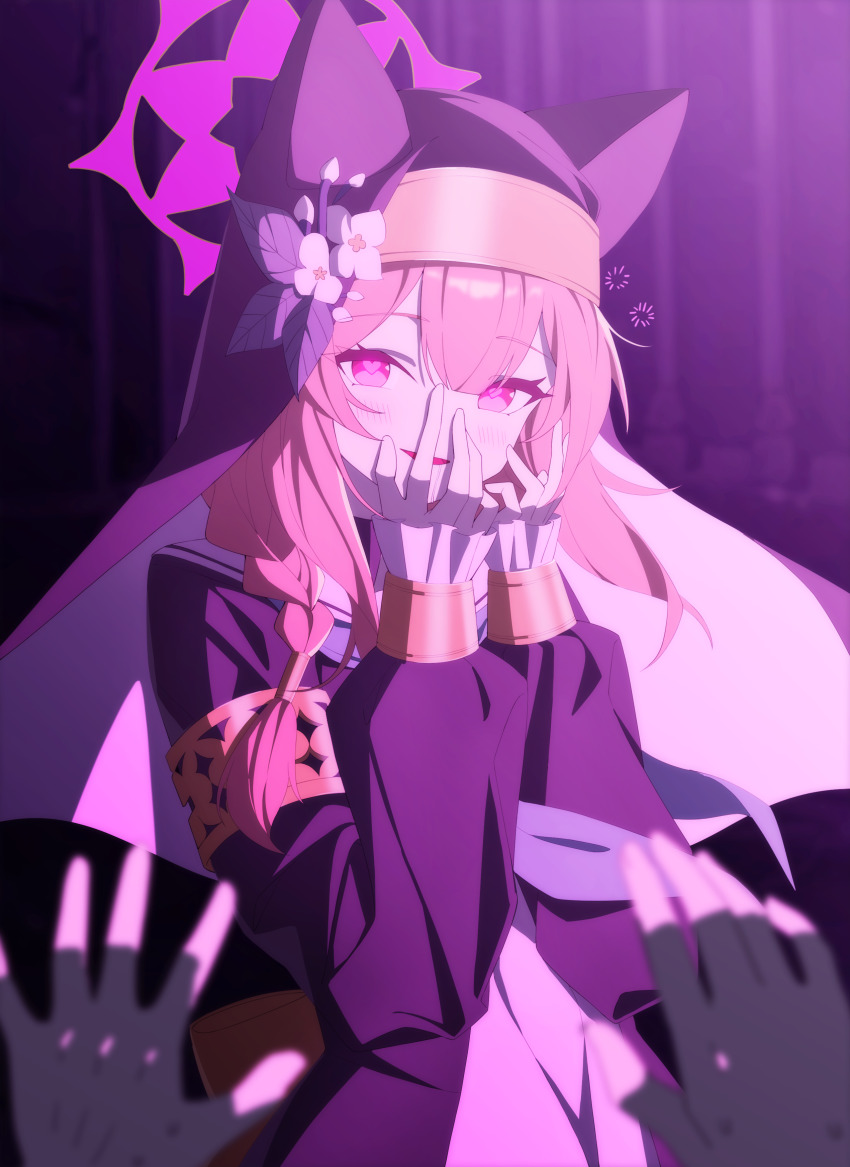 1girl, 1other, absurdres, alternate_color, armlet, black_coat, black_veil, blue_archive, blush, braid, cat_girl, coat, commentary_request, dress, dusk_ming, ears_through_headwear, gold_armlet, hair_ornament, halo, hands_on_own_face, heart, heart-shaped_pupils, highres, long_hair, long_sleeves, looking_at_viewer, mari_(blue_archive), nun, open_clothes, open_coat, open_mouth, orange_hair, pink_eyes, pink_halo, pov, pov_hands, puffy_long_sleeves, puffy_sleeves, single_braid, symbol-shaped_pupils, veil, white_dress