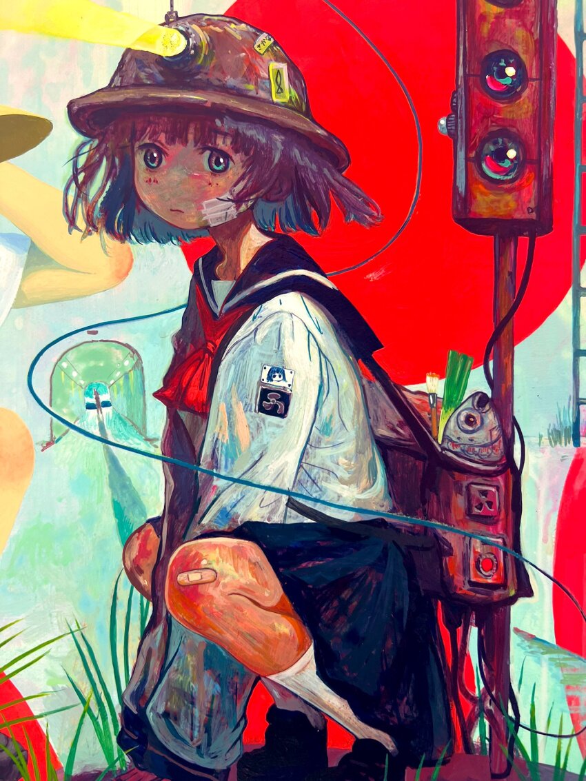 1girl, acrylic_paint_(medium), backpack, bag, blue_eyes, brown_hair, closed_mouth, commentary