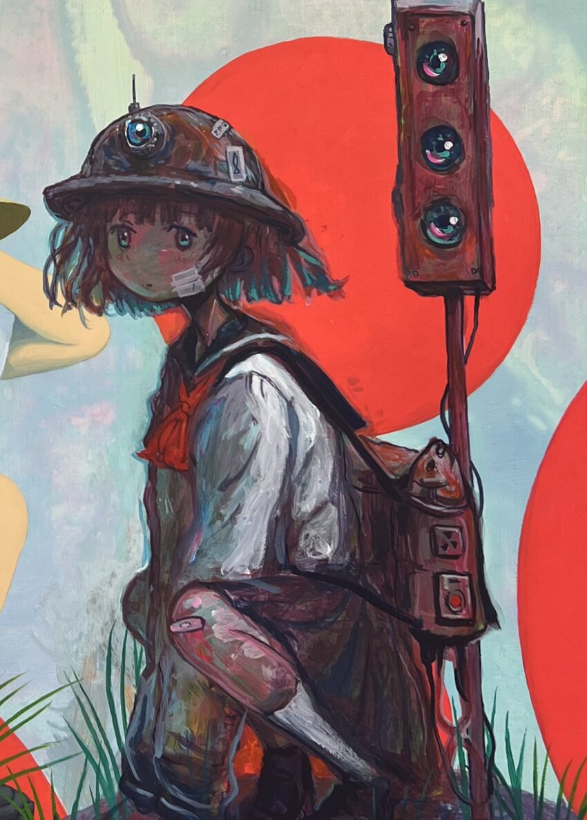 1girl, acrylic_paint_(medium), backpack, bag, blue_eyes, brown_hair, closed_mouth, commentary