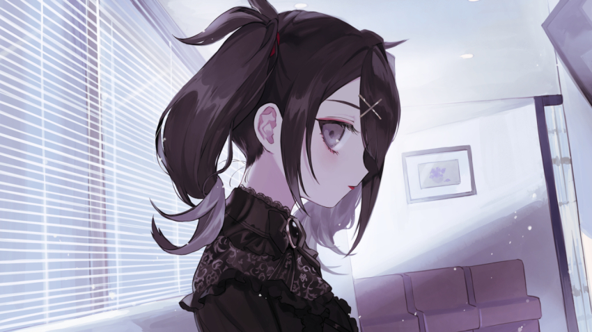 1girl, ame-chan_(needy_girl_overdose), ame-chan_waku-waku_date_game, black_hair, brooch, closed_mouth, from_side, game_cg