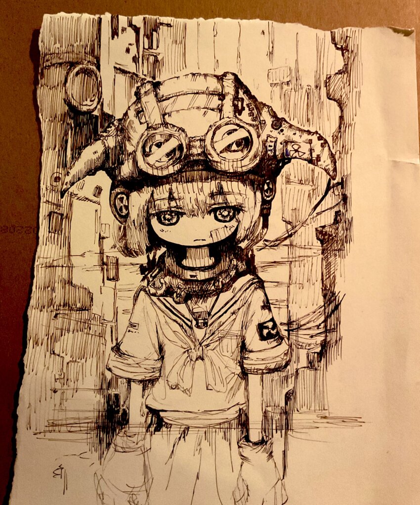 1girl, commentary, cowboy_shot, english_commentary, fake_horns, goggles, goggles_on_head, helmet