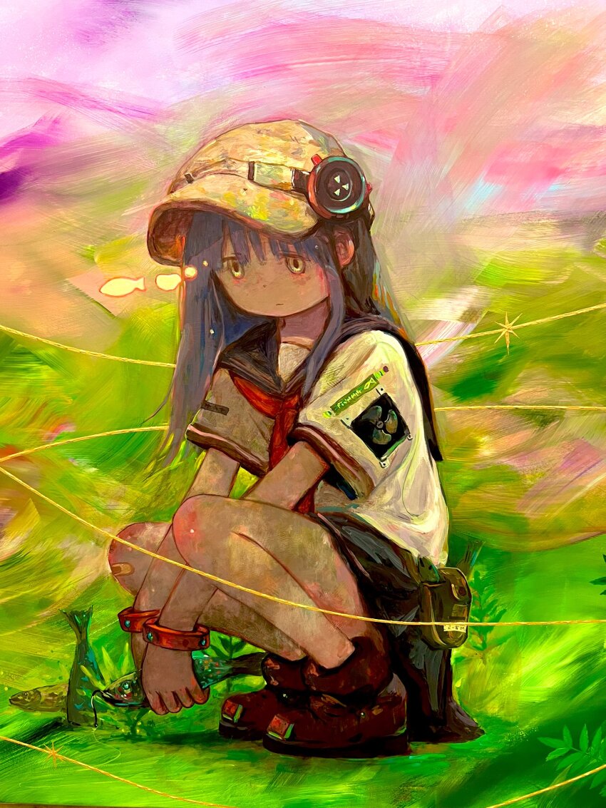 1girl, acrylic_paint_(medium), animal, blue_sailor_collar, blue_skirt, brown_shoes, closed_mouth, commentary