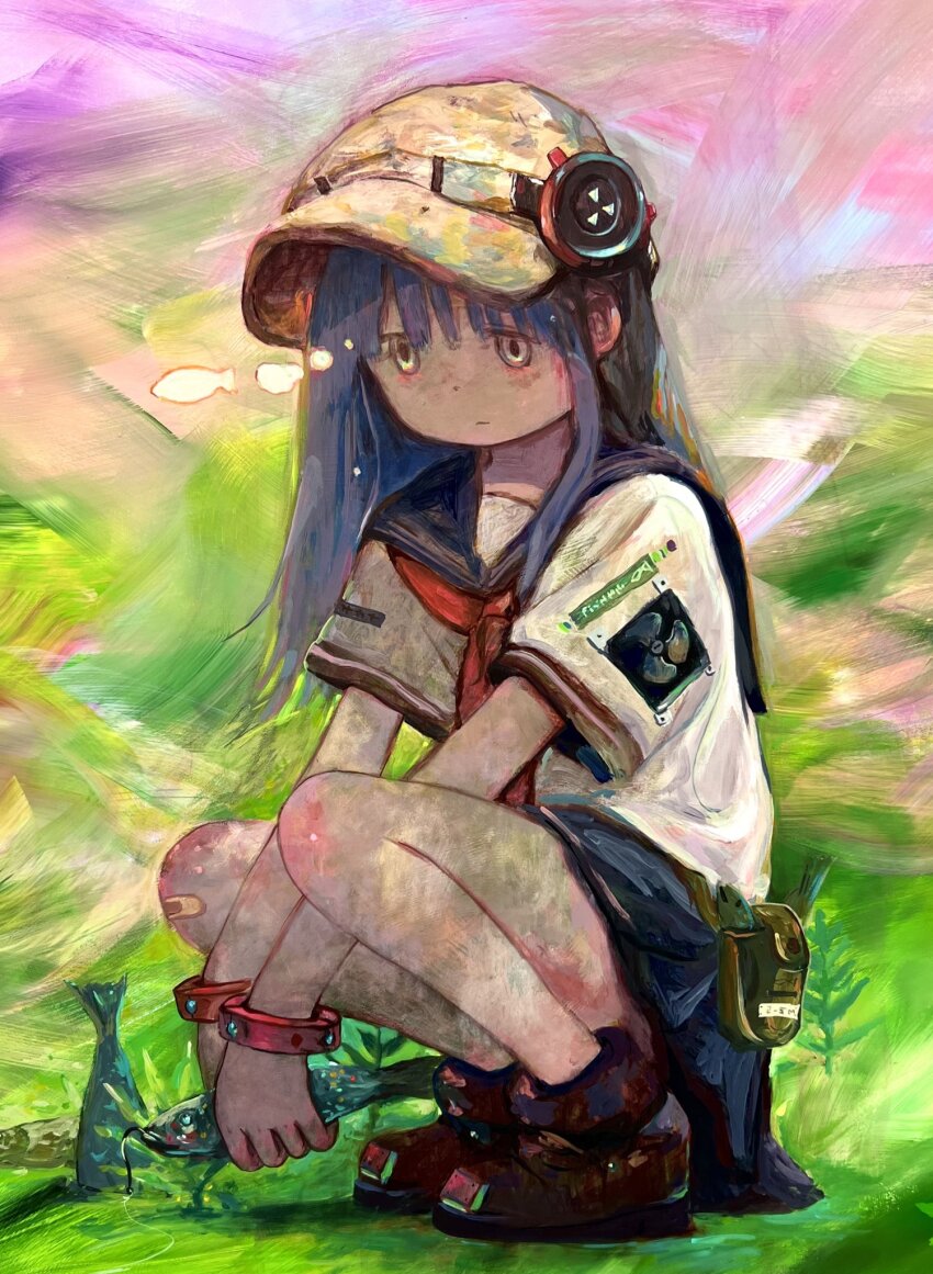 1girl, acrylic_paint_(medium), animal, blue_sailor_collar, blue_skirt, brown_shoes, closed_mouth, commentary