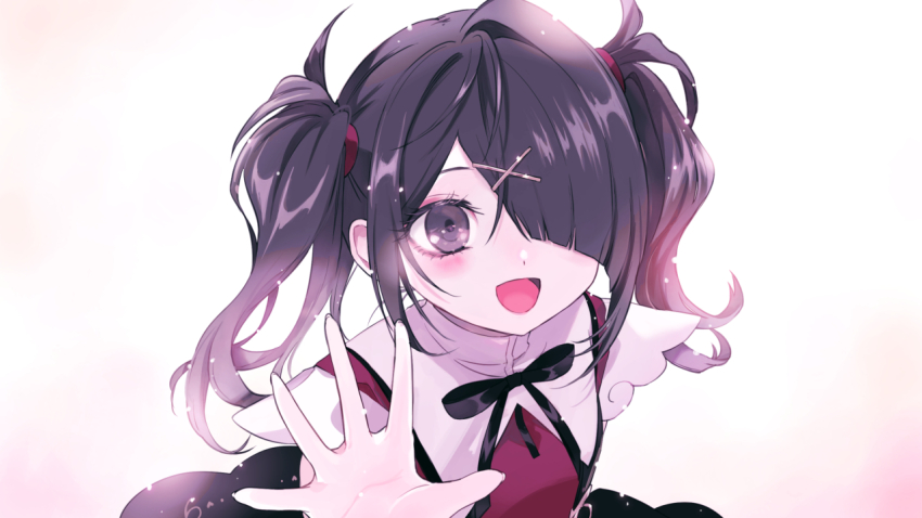 1girl, :d, ame-chan_(needy_girl_overdose), ame-chan_waku-waku_date_game, black_hair, black_ribbon, collared_shirt, game_cg