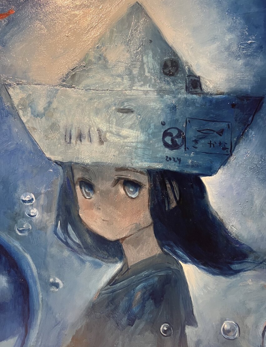 1girl, black_shirt, blue_eyes, blue_hair, closed_mouth, commentary, english_commentary, expressionless, highres, kokko_1969, looking_at_viewer, medium_hair, oil_painting_(medium), original, painting_(medium), paper_hat, portrait, shirt, solo, traditional_media