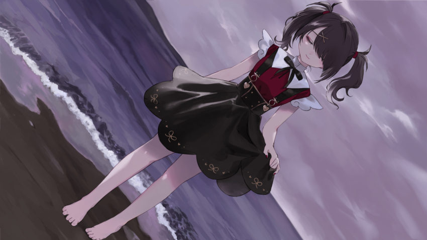 1girl, ame-chan_(needy_girl_overdose), ame-chan_waku-waku_date_game, barefoot, beach, black_hair, black_ribbon, black_skirt