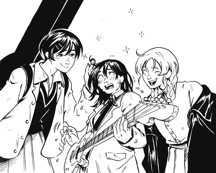 3girls, :d, ahoge, blazer, blush, braid, cardigan, closed_eyes