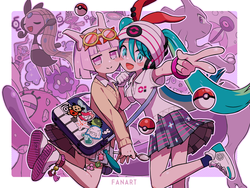 2girls, \||/, absurdres, andromedako, ankle_socks, anklet, aqua_eyes, aqua_hair