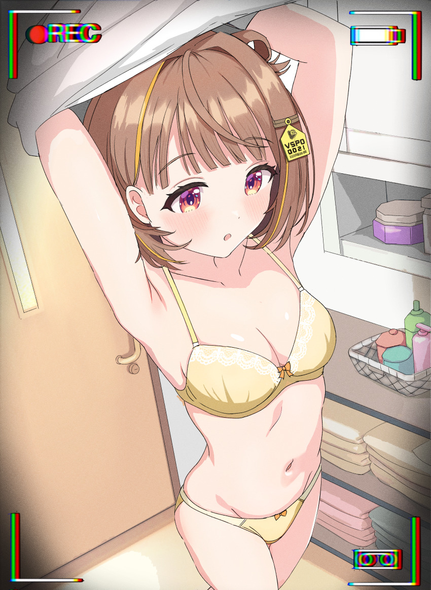 1girl, absurdres, armpits, arms_up, battery_indicator, bra, breasts, changing_room, cleavage, from_above, hidden_camera, highres, indoors, light_brown_hair, navel, open_mouth, panties, recording, red_eyes, sendo_yuuhi, short_hair, small_breasts, underwear, underwear_only, undressing, viewfinder, virtual_youtuber, voyeur_pov, voyeurism, vspo!, yamaoka_remu, yellow_bra, yellow_panties