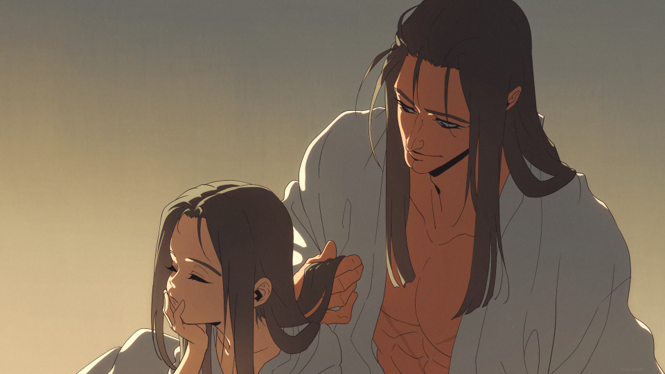 2boys, abs, large_nose, black_hair, blunt_ends, child, cleft_chin, closed_eyes