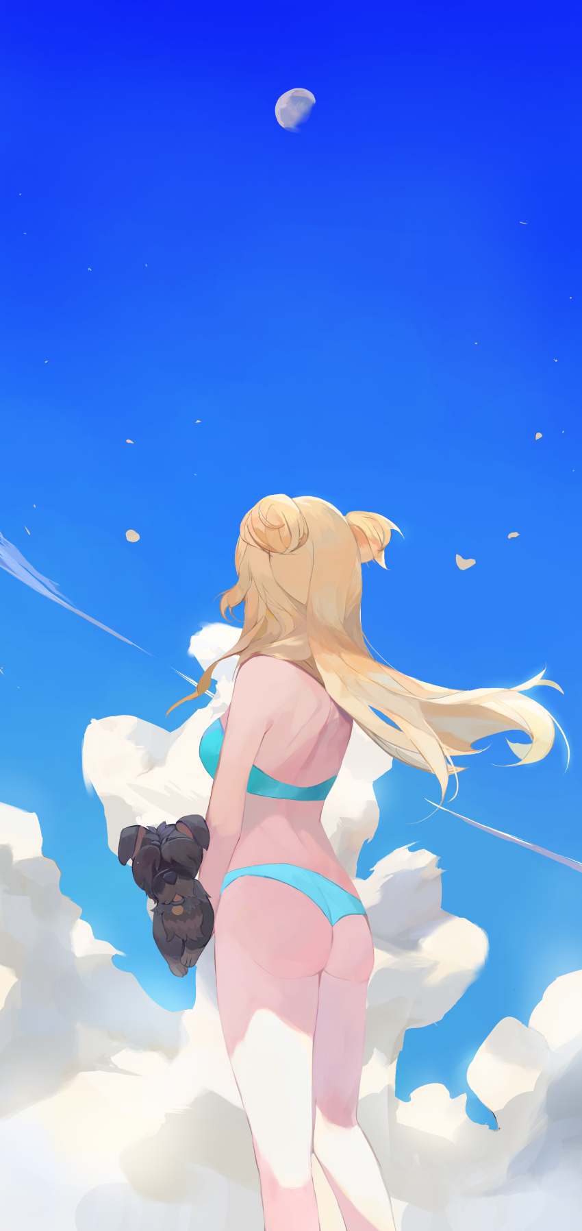 1girl, absurdres, angnomsy, ass, back, bikini, blonde_hair, blue_bikini